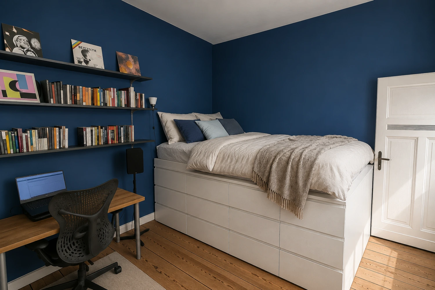 Plattformbett und Kleiderschrank