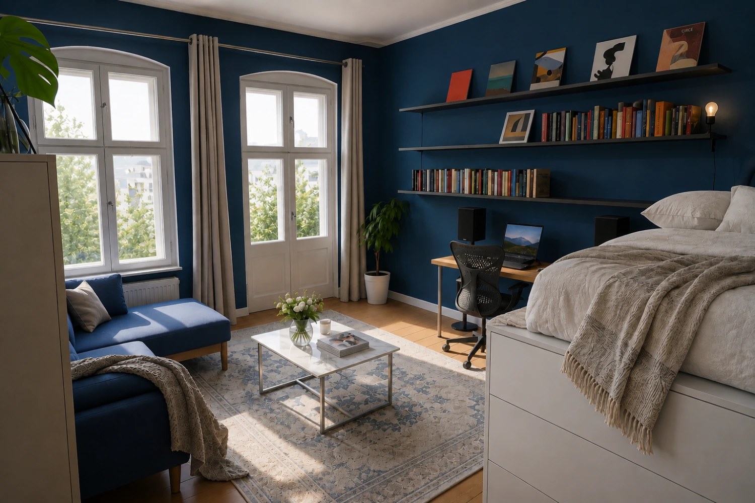 Podium Bed with Workspace in a Studio Apartment with Storage and Color Concept
